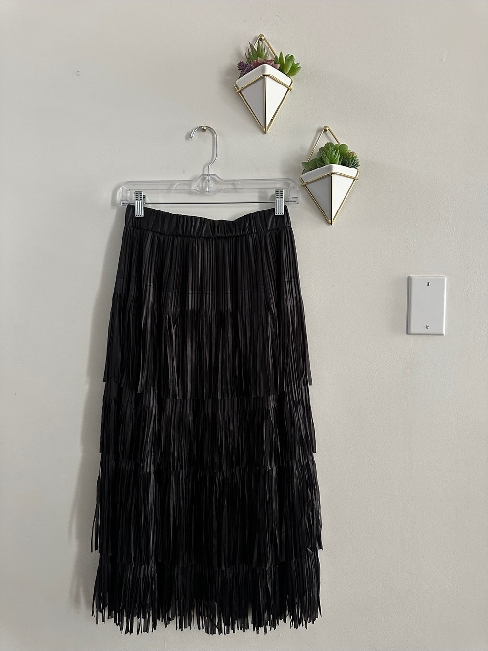 Zara Black Fringed Midi Skirt Tiered Fringe Size S